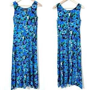 Vtg 90s All That Jazz Floral Rayon Maxi Dress Lace Up Basque Waist Sleeveless